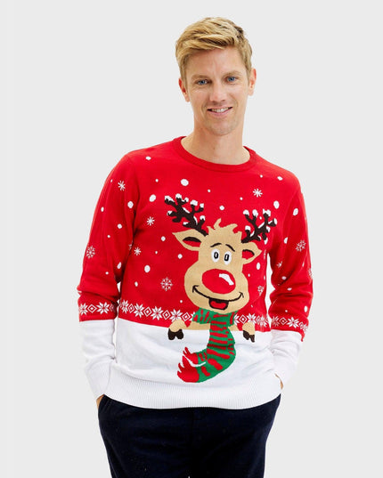 Pull de Noël rouge Rudolph pour homme - Style Fêtes de Famille