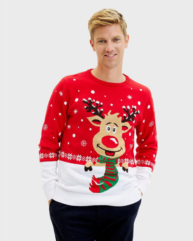 Pull de Noël rouge Rudolph pour homme - Style Fêtes de Famille