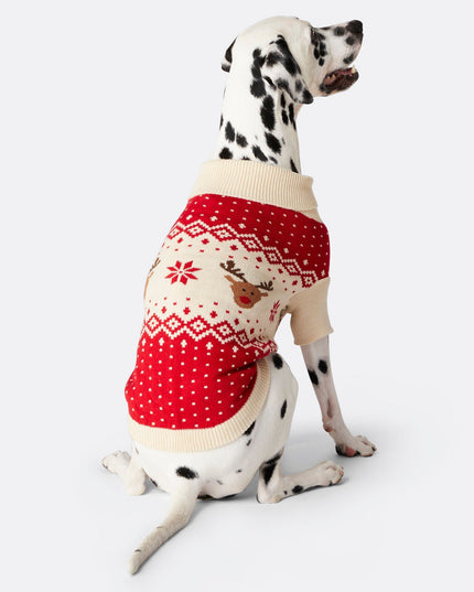 Pull de Noël rétro rouge à motif de rennes pour chiens