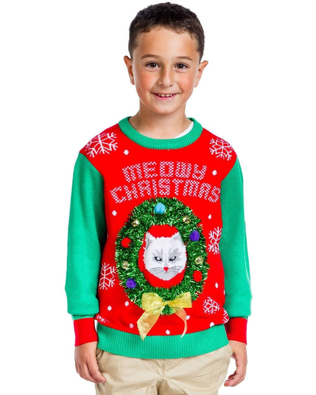 Boy's / Girl's Cat in Wreath Ugly Christmas Sweater