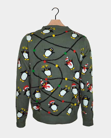 Pull de Noël gris lumineux à LED pour femme avec des pingouins