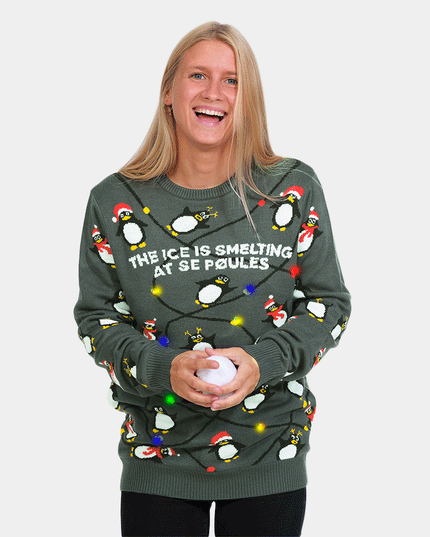 Christmas Sweater for Family with Light-Up LED Gray Penguins