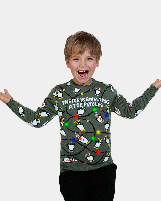 LED Light-Up Gray Christmas Sweater for Kids with Penguins