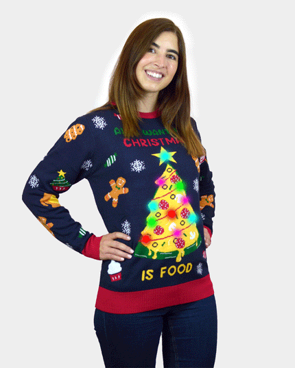 Pull de Noël LED pour femme avec motif « Nourriture de Noël »