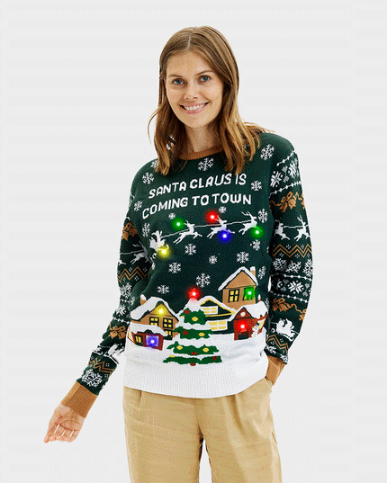 Pull de Noël LED Père Noël pour femme - Vert