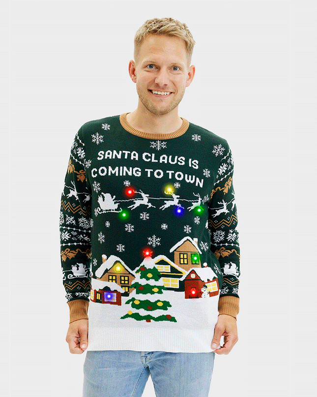 Le Père Noël arrive en ville ! Pull vert LED pour homme