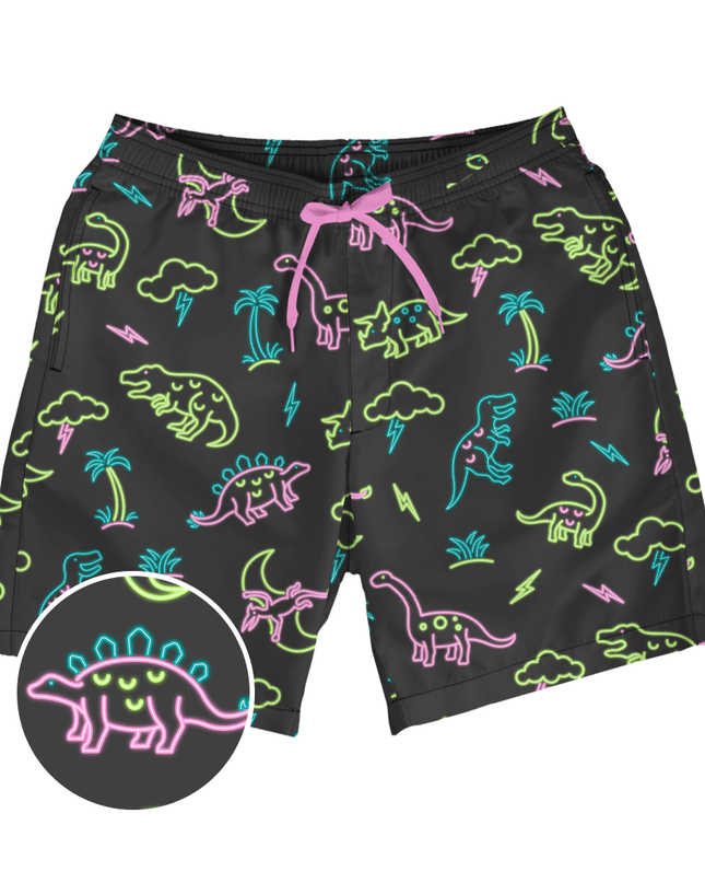Neon Dinosaur Stretch Swim Trunks - 7.5" Inseam