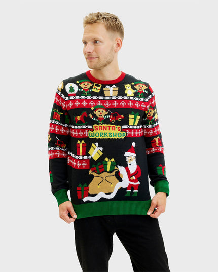 Pull « Atelier du Père Noël » pour homme - Motif de Noël recto-verso