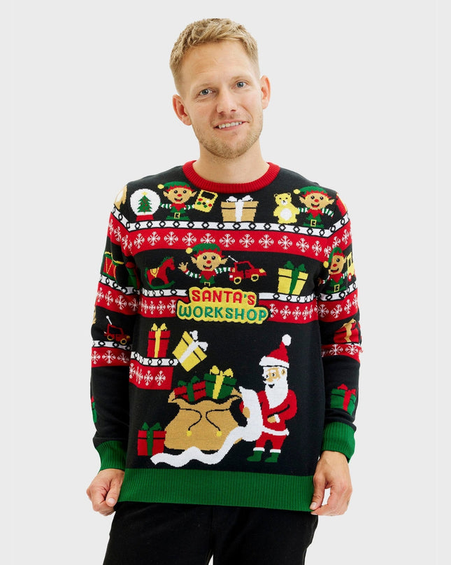 Pull « Atelier du Père Noël » pour homme - Motif de Noël recto-verso