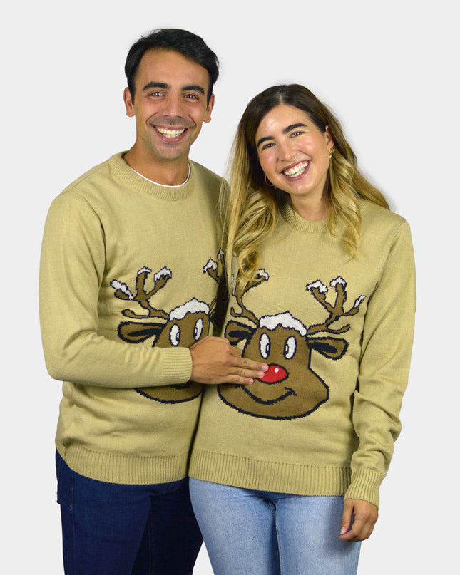 Pull de Noël beige avec renne souriant | Soldes