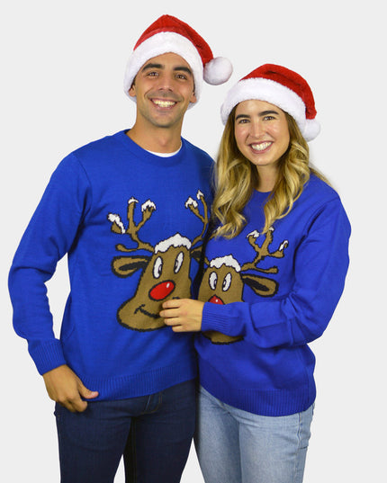 Christmas Sweater for Family Blue with Smiling Reindeer
