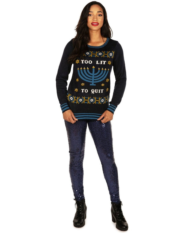 Women's Too Lit to Quit Light Up Ugly Hanukkah Sweater