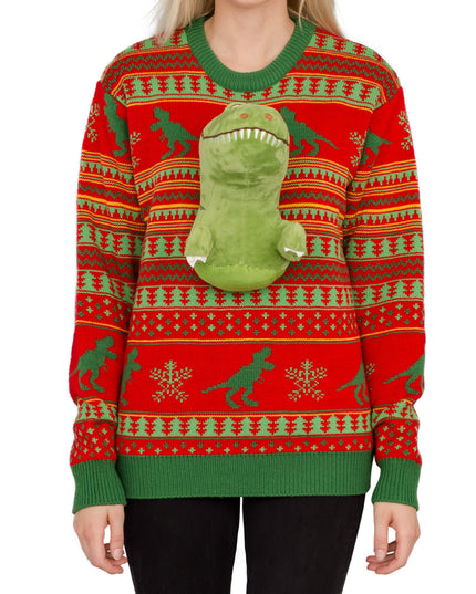 Pull de Noël moche en peluche T-Rex 3D pour femmes