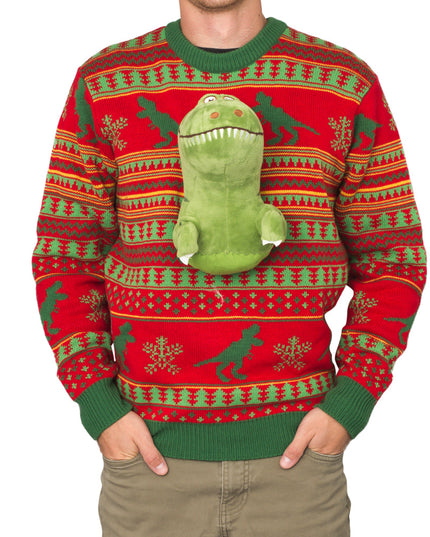 Pull de Noël moche en peluche T-Rex 3D