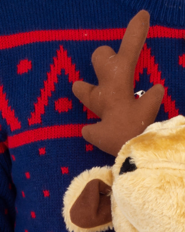 Pull de Noël moche bleu marine avec motif d'élan en 3D