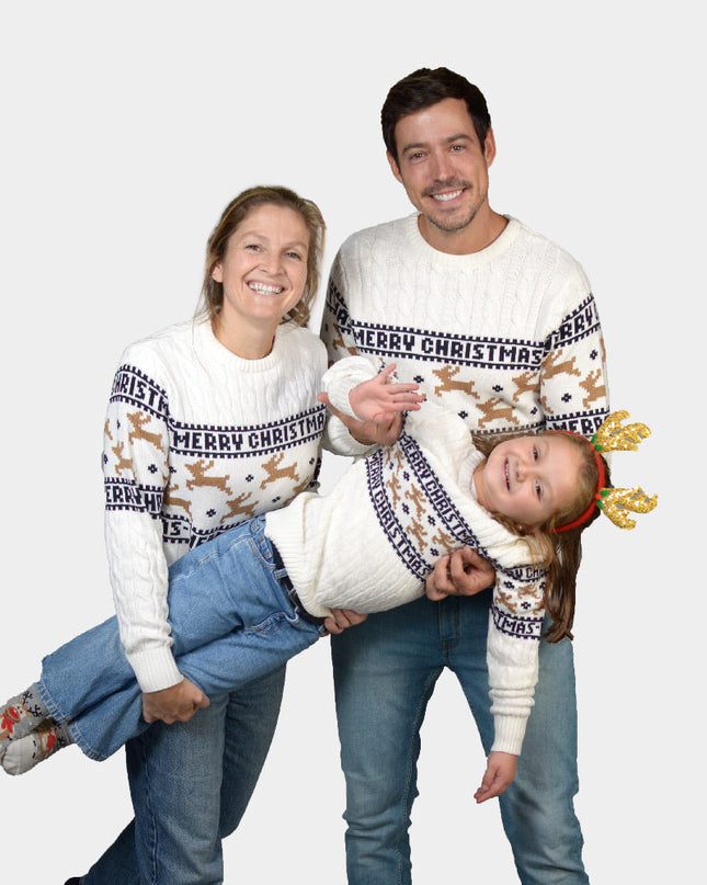 Pull de Noël blanc chic pour enfants avec motif rennes en coton bio