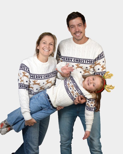 Pull de Noël familial blanc chic avec des rennes en coton biologique