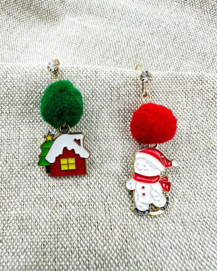 Boucles d'oreilles de Noël - Motif bonhomme de neige et maison