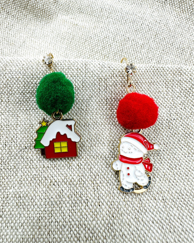 Boucles d'oreilles de Noël - Motif bonhomme de neige et maison