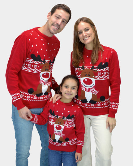 Pull de Noël rouge Rudolph avec écharpe pour toute la famille