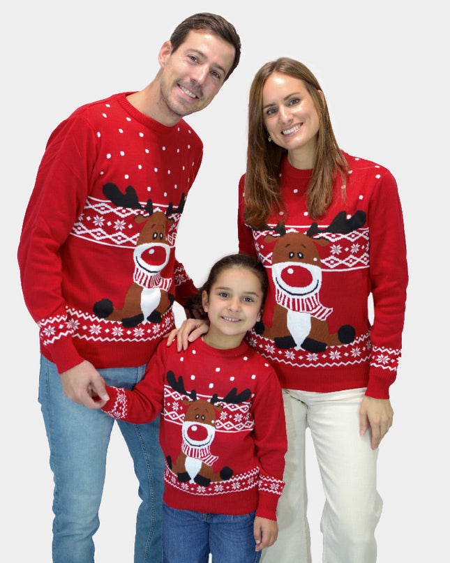 Pull de Noël rouge Rudolph avec écharpe pour toute la famille