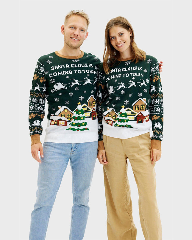 Le Père Noël arrive en ville ! Pull vert LED pour homme