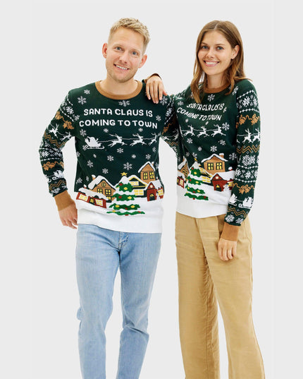 Le Père Noël arrive en ville ! Pull vert LED pour homme