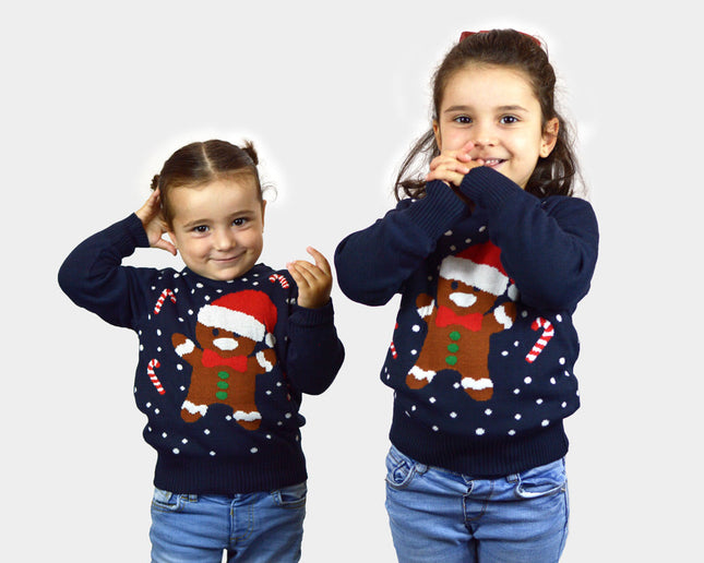Blue Christmas Sweater for Kids with Gingerbread Design