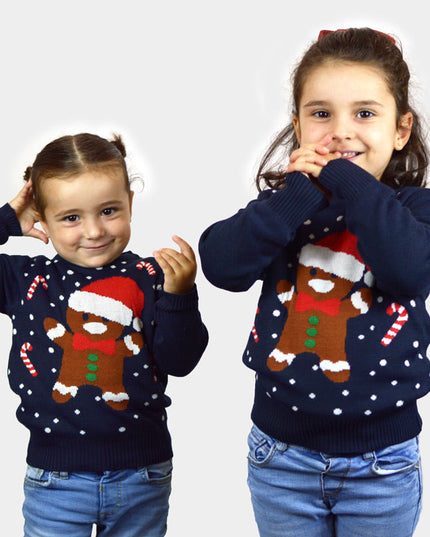 Pull de Noël pour enfant bleu à motif pain d'épice