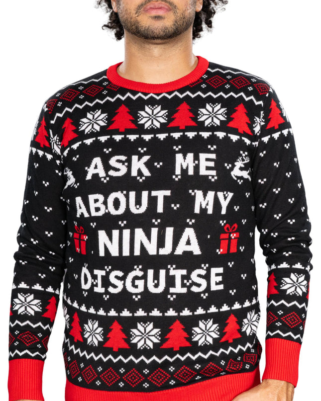 Demandez-moi des infos sur mon pull de Noël déguisé en ninja