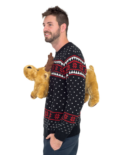 Pull de Noël moche noir en 3D avec élan en peluche