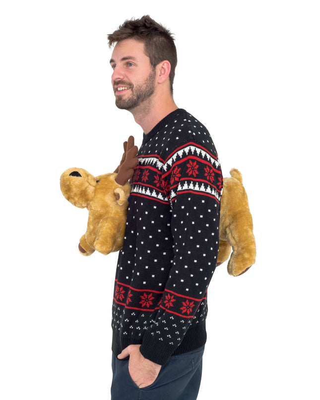 Pull de Noël moche noir en 3D avec élan en peluche