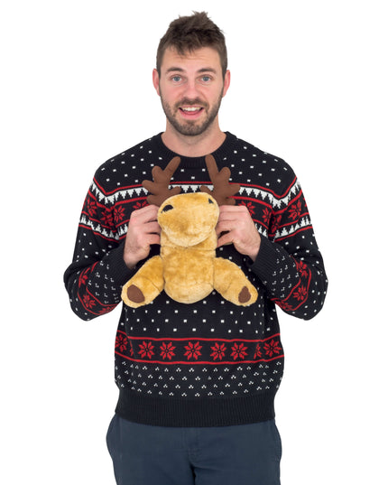 Pull de Noël moche noir en 3D avec élan en peluche