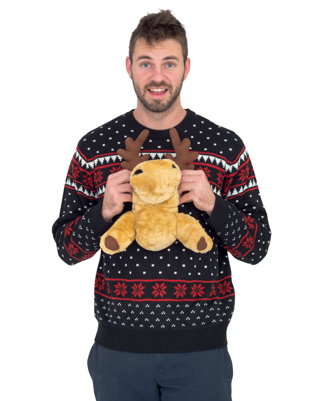 Pull de Noël moche noir en 3D avec élan en peluche