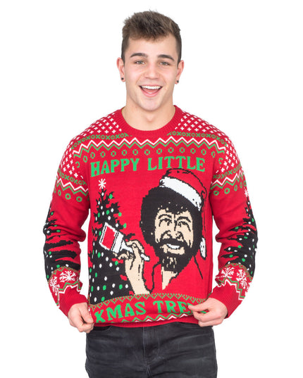 Pull Bob Ross « Petits sapins de Noël joyeux »