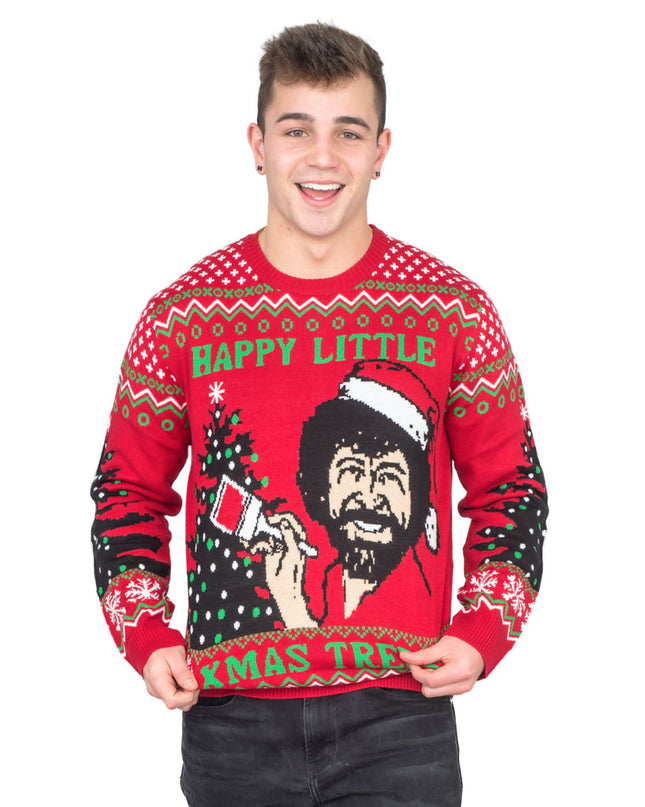 Pull Bob Ross « Petits sapins de Noël joyeux »