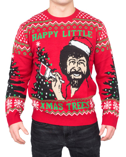 Pull Bob Ross « Petits sapins de Noël joyeux »