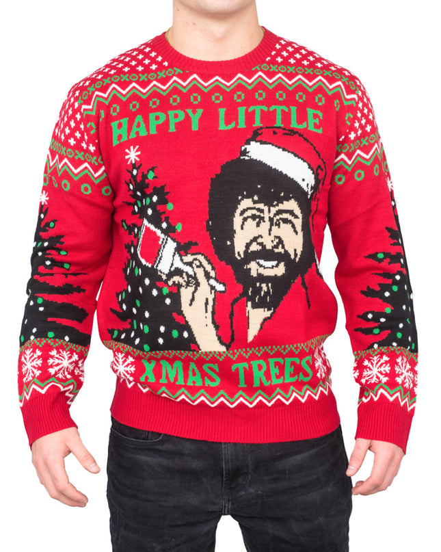 Pull Bob Ross « Petits sapins de Noël joyeux »