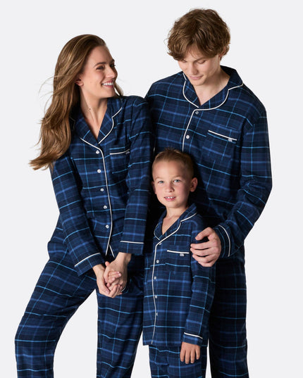 Pyjamas de Noël familiaux en flanelle bleue | Vêtements de nuit chauds pour les fêtes