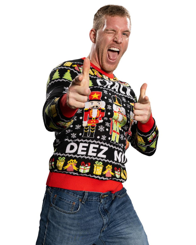 Pull de Noël moche tricoté Crack Deez Nuts Casse-Noisette Père Noël