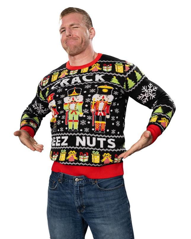 Pull de Noël moche tricoté Crack Deez Nuts Casse-Noisette Père Noël