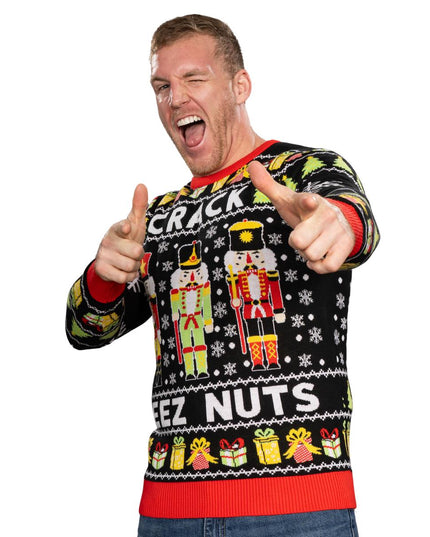 Pull de Noël moche tricoté Crack Deez Nuts Casse-Noisette Père Noël