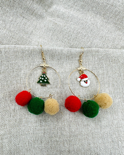 Boucles d'oreilles de Noël - Père Noël et sapin à pompons | Mots-clés : Boucles d'oreilles de Noël