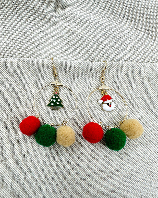 Boucles d'oreilles de Noël - Père Noël et sapin à pompons | Mots-clés : Boucles d'oreilles de Noël