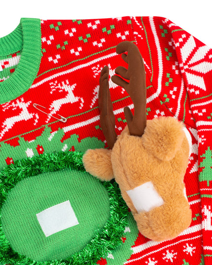 Pull de Noël moche à tête de trophée de renne en 3D LED
