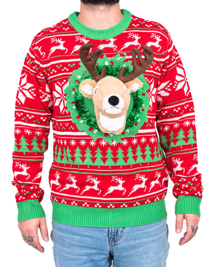 Pull de Noël moche à tête de trophée de renne en 3D LED