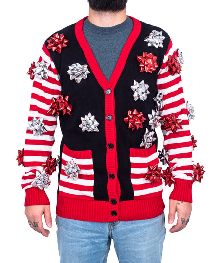 Pull de Noël moche, emballage cadeau, nœud, cardigan