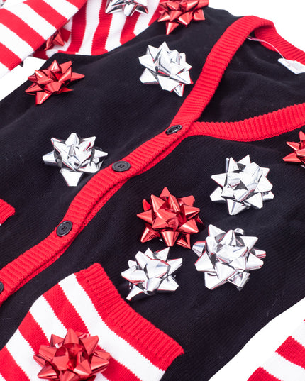 Pull de Noël moche, emballage cadeau, nœud, cardigan