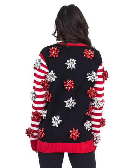 Pull de Noël moche, emballage cadeau, nœud, cardigan