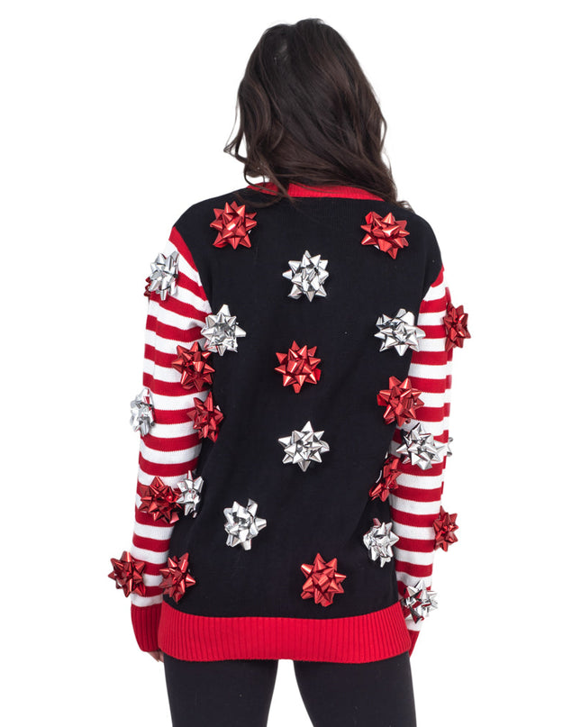 Pull de Noël moche, emballage cadeau, nœud, cardigan
